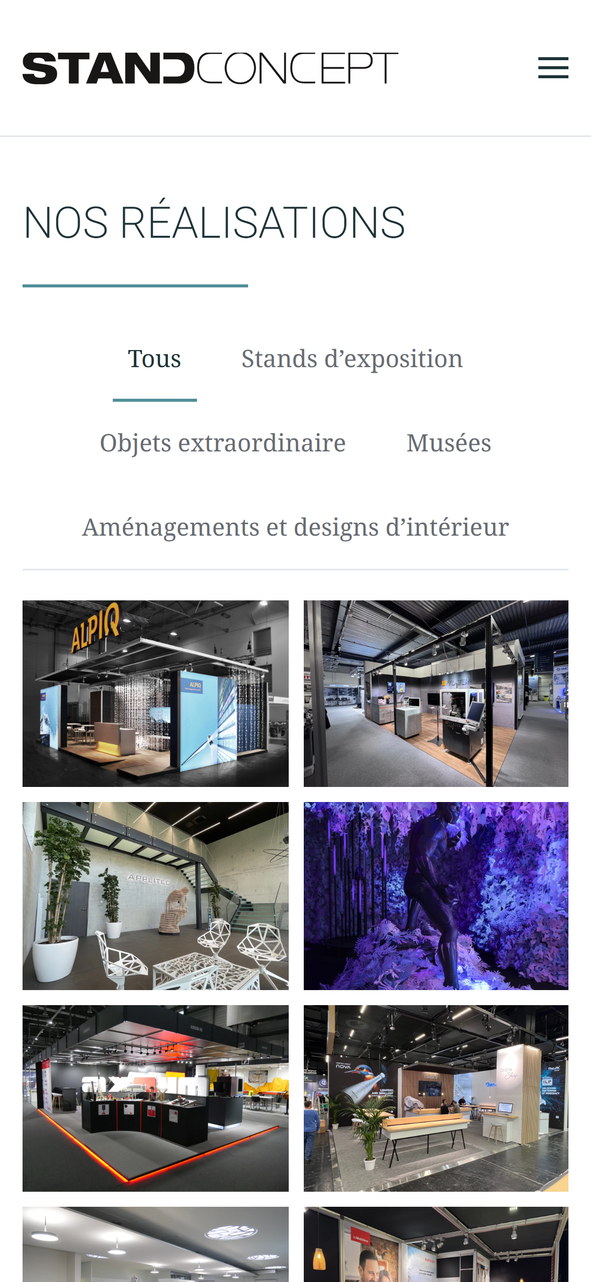 Page réalisations mobile du site Standconcept